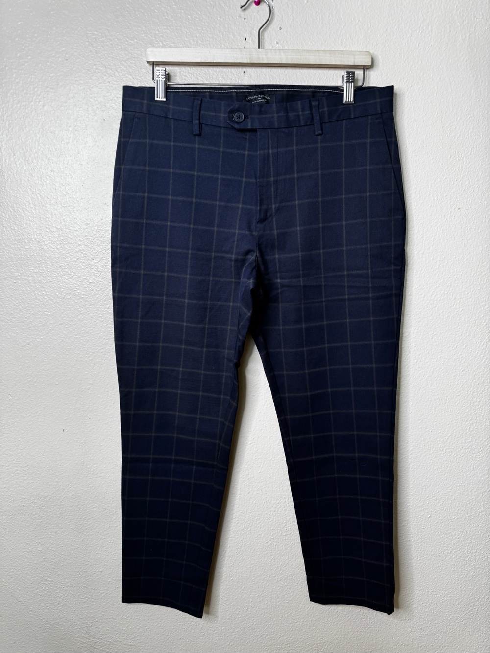 Banana Republic Mens 33x30 Slim Tapered Fit Navy Plaid Dress Pants NWT